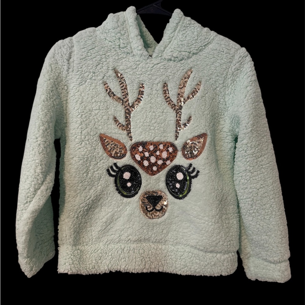 Girls Miss Chievous Soft Aqua Faux Sherling Hoodie w/ sequin deer, size L